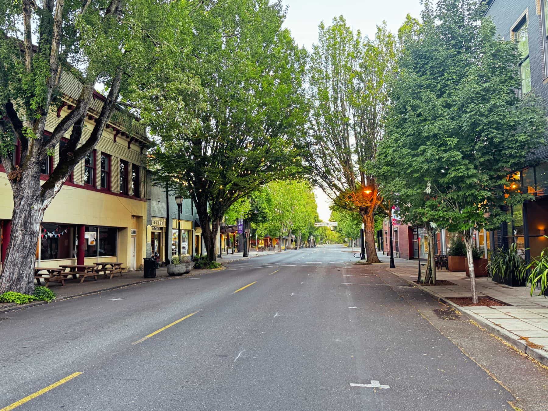 The tree-lined length of Third Street in downtown McMinnville, Oregon, at dawn, a short walk from Abraham Hanson Law's office