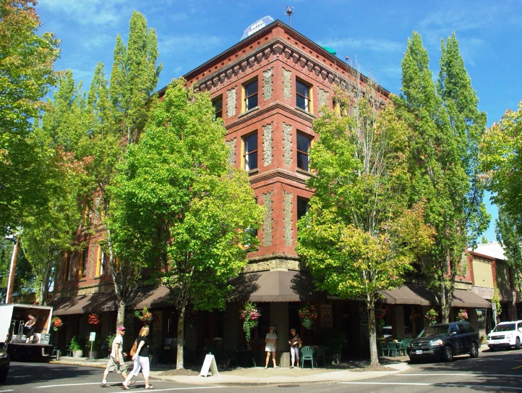 The historic red-brick Hotel Oregon, a downtown McMinnville, Oregon landmark near the Abraham Hanson Law office