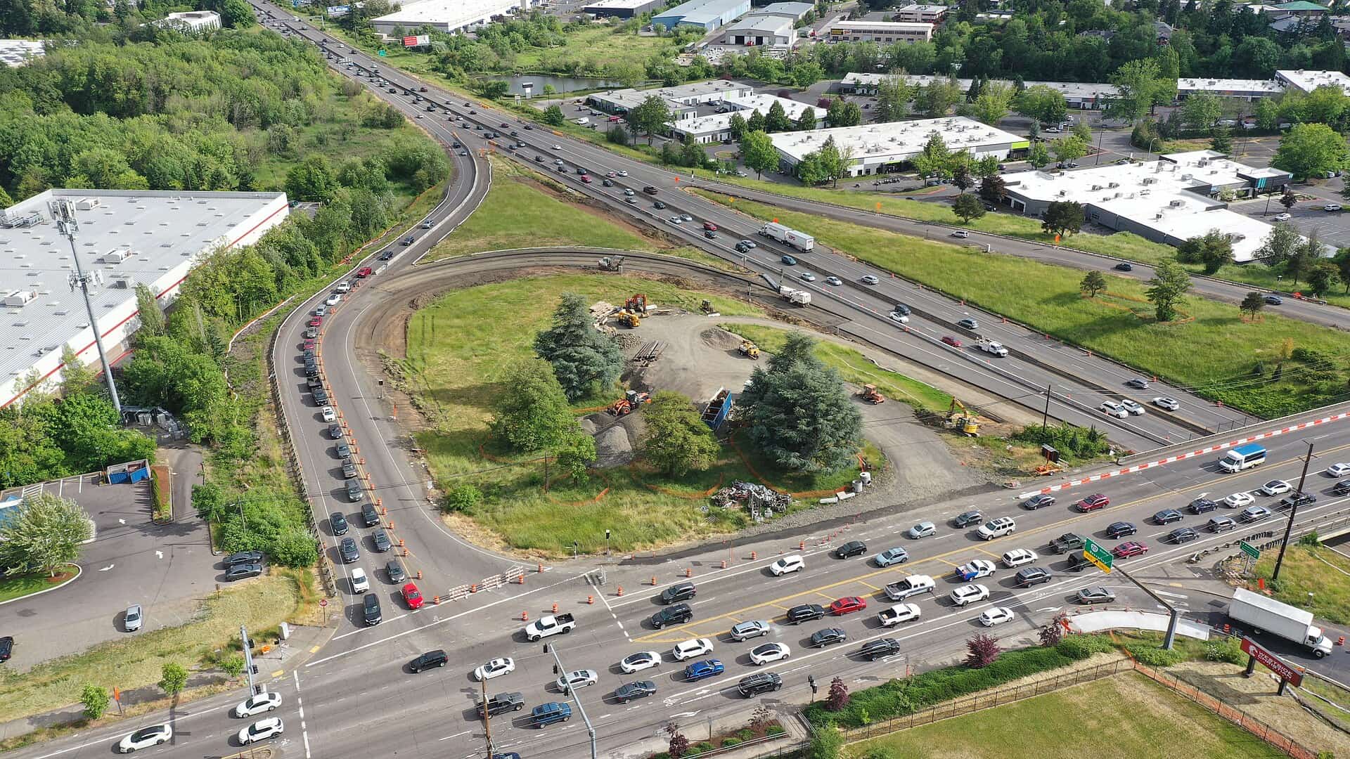 A busy Oregon highway interchange, the roads motorcycle riders share with cars and trucks